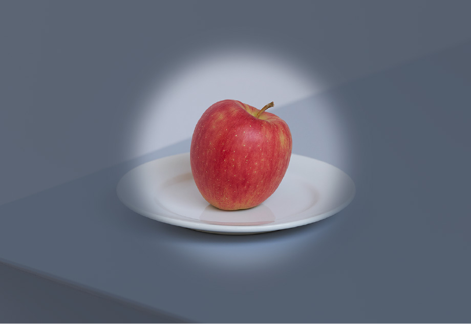 「視野狭窄」体験メガネの見え方。中心に皿に置かれた赤いリンゴが見えるが、その周囲は黒くなっており見えない。